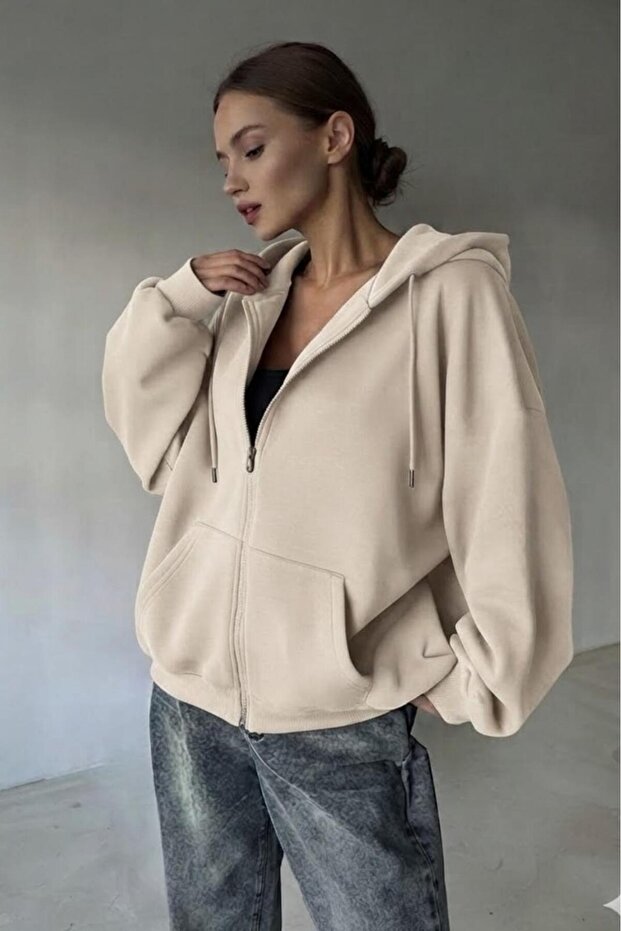 Women's Beige Zippered Hooded Cardigan Jacket