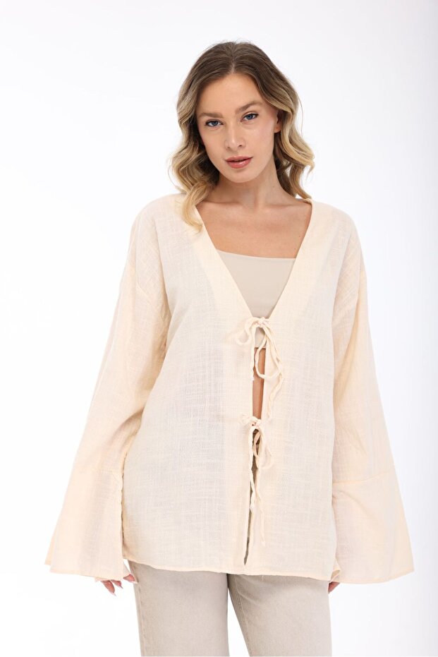 Women's Cream Oversize Linen Kimono & Tie-Detail Bat Sleeve Comfortable Fit