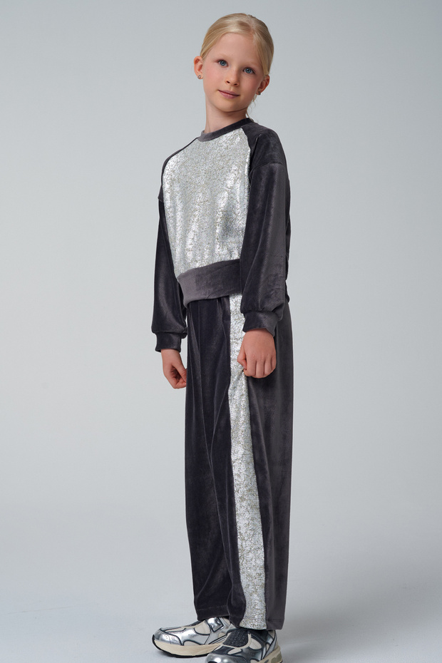 Gray Velvet Metallic Detailed Comfortable Girls' Tracksuit Set