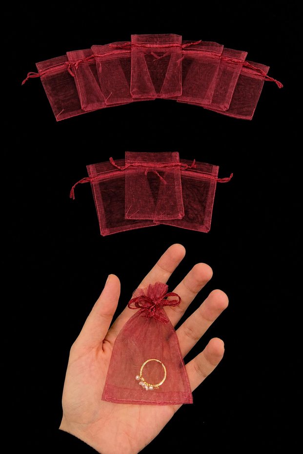 Burgundy Organza Transparent Tulle Pouch 100 Pieces Size 7X9Cm, Drawstring Gold Jewelry Special Occasion Lavender Gift Soap Candle Bundle Hobby Snack Nut Bag Henna Night Wedding Engagement Proposal Marriage Bride Groom