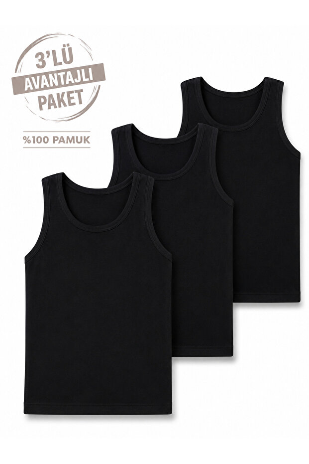 Boy's 100% Cotton Lycra Black Undershirt 3-Pack 7008