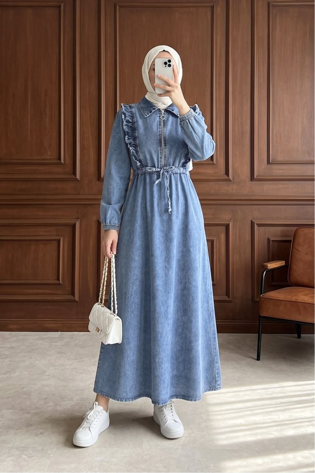 Blue Denim Jeans Dress with Ruffle Detail and Belted Waist - Blue