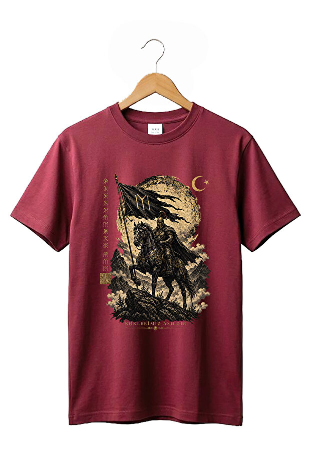 Turkish Warrior on Horseback Our Roots Are Hung up Written in Göktürk Alphabet Turkish History Printed Kayi Size 100% Cotton Crew Neck Basic Tshirt