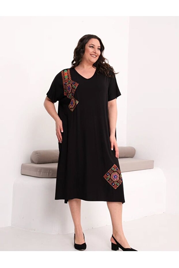 Viscose Oversize Dress with Embroidery Detail