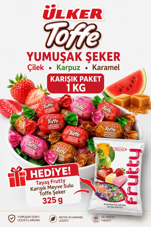 Toffee Assorted Soft Candy 1 kg – Strawberry, Watermelon and Caramel Flavored + Frutty 325 g Gift
