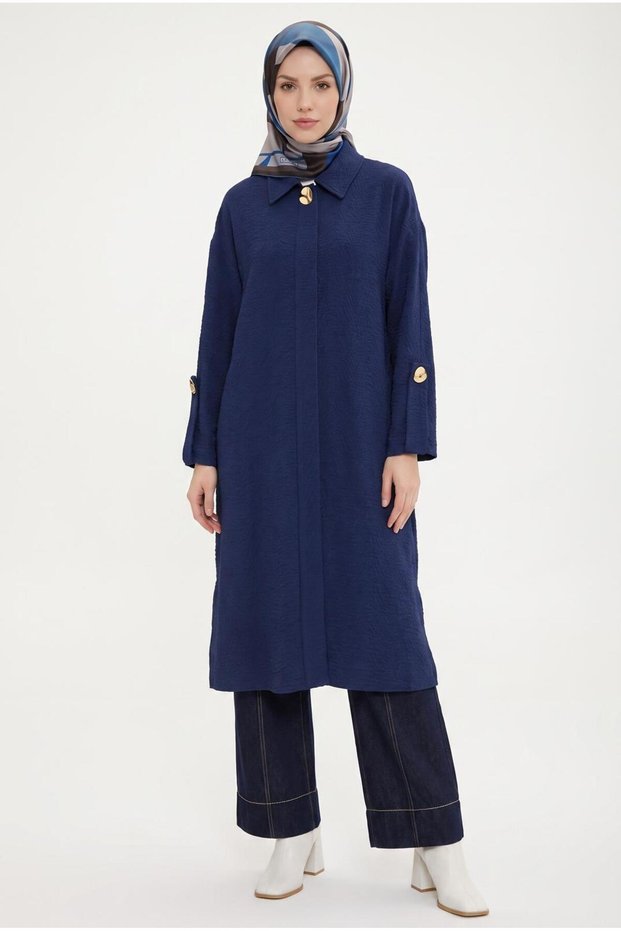 Trendy Gold Button Detailed Hidden Button Viscose Fabric Wear-Remove