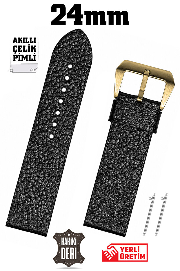 24mm Black Floter Sport Genuine Leather Watch Band Strap with Smart Pins