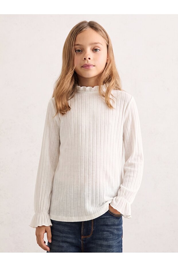 Girl's Collar and Sleeve Ruffles Long Sleeve Soft Cotton Textured Combed Cotton Bodysuit Beige