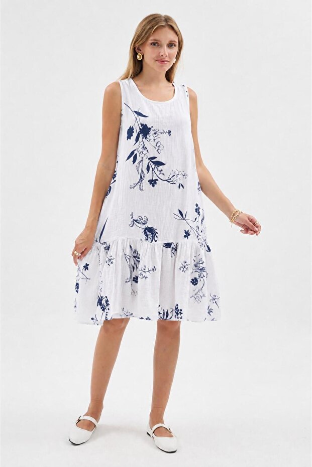 Muslin Patterned Strap Dress-Flower Branch Pattern-3045