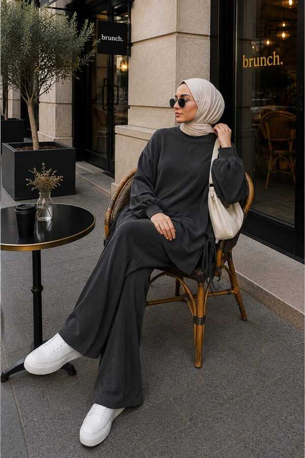 Women's Ribbed Detailed Side-Tie Long Tunic and Wide-Leg Pants Two-Piece Hijab Set