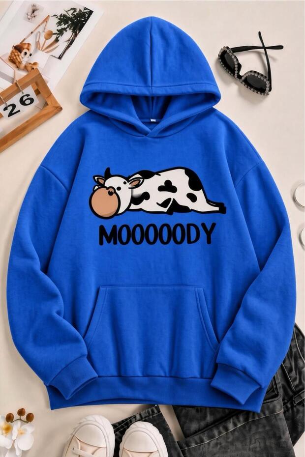 Sw Moooody Cute Cow Front Printed Unisex Oversize Hooded Sweatshirt - Hoodie