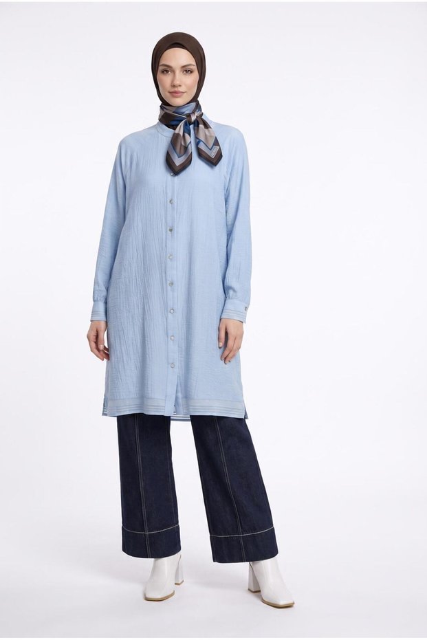 Trendy Natural Fabric Buttoned Raglan Sleeve Ribbed 100 cm Tunic