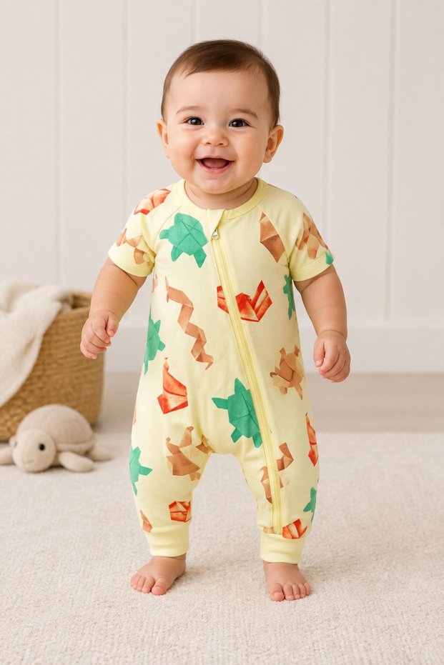 Baby Short Sleeve Side Zipper Jumpsuit with Origami Animal Pattern 10551