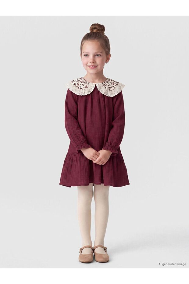 Lcw Kids Burgundy Baby Collar Embroidered Long Sleeve Girls' Dress