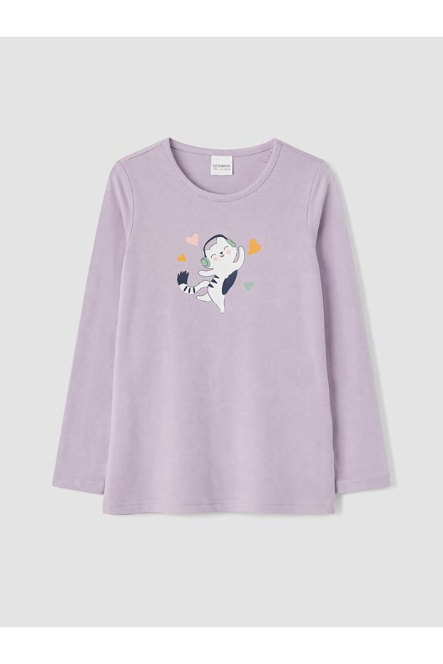Ozmarka New Season Ecru Crew Neck Long Sleeve Printed Girls' Pajama Top