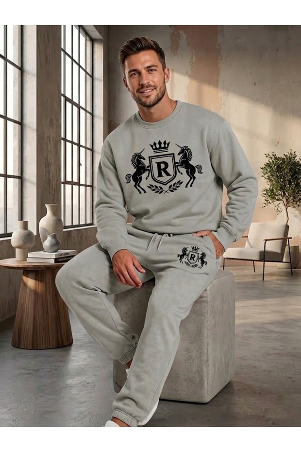 Unisex Royal Printed Crew Neck Sweatshirt Set Oversize