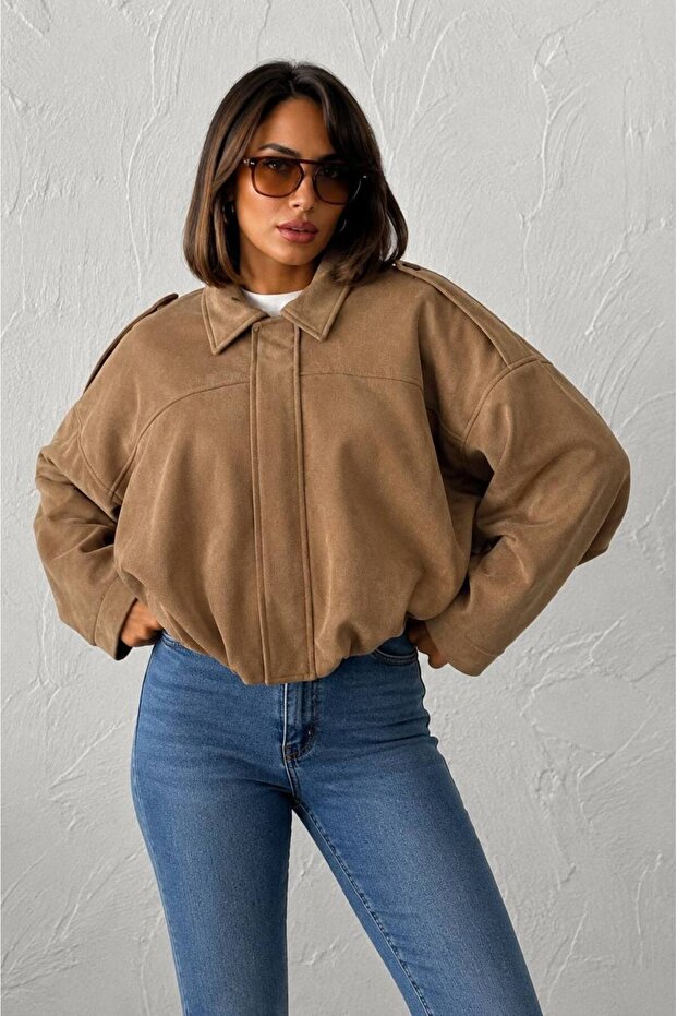 Women's Oversize Suede Bomber Jacket - Low Shoulder Camel