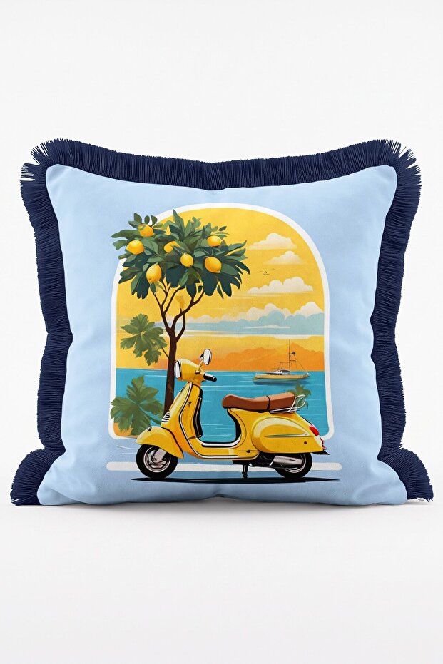 Yellow Retro Vespa Motor and Lemon Tree Themed Fringed Cushion Cover