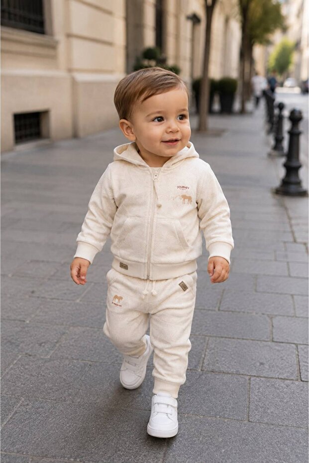Boy's 2-Piece Hooded Set - 100% Natural Cotton - Beige