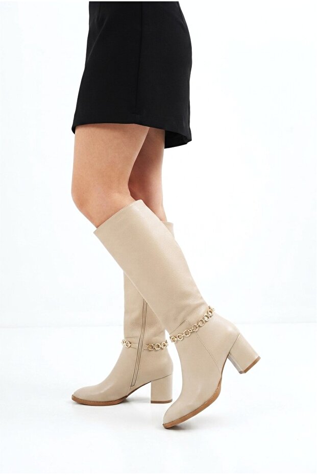 Zrk-X505 Premium Beige Chain Detailed Daily Zippered Long Women's Boots