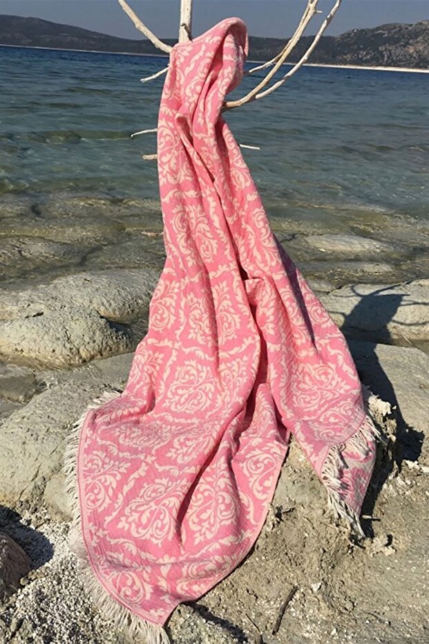 100% Cotton Peshtamal - Spa & Beach - Baroque Patterned Pink - 90X170 cm
