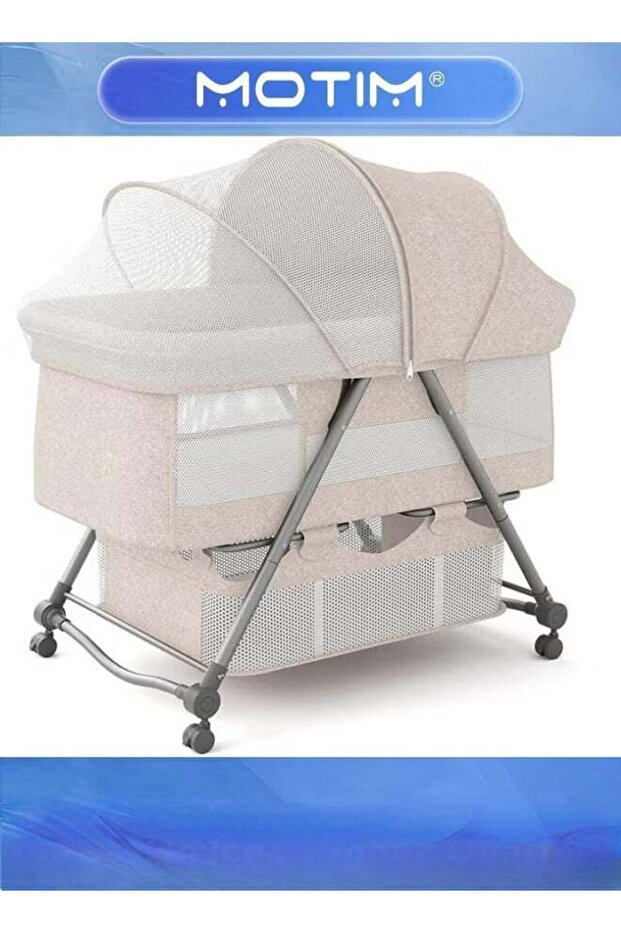 2 in 1 Portable Movable Crib Foldable Baby Bassinet with Mosquito Shade Net Storage Basket and Memory Foam Mattress Khaki