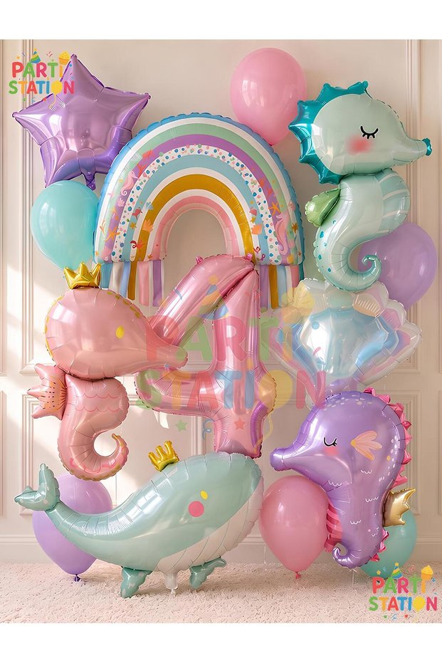Mermaid Concept Balloon Set for 4 Years Old - 14 Piece Extra Large Size Sea Horse Whale and Rainbow Foil Balloon Set Birthday Party Decoration Set