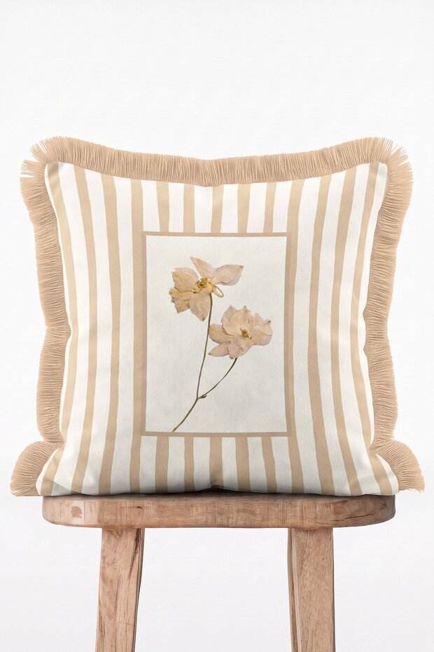 Beige Striped Dried Elegant Floral Patterned Decorative Fringed Throw Pillow Cover
