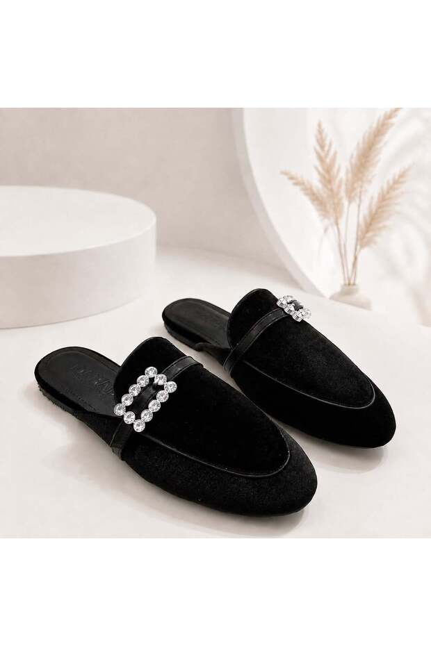Marigold Women's Stoned Buckle Black Velvet Look Closed Toe Flat Sole Mule Slippers