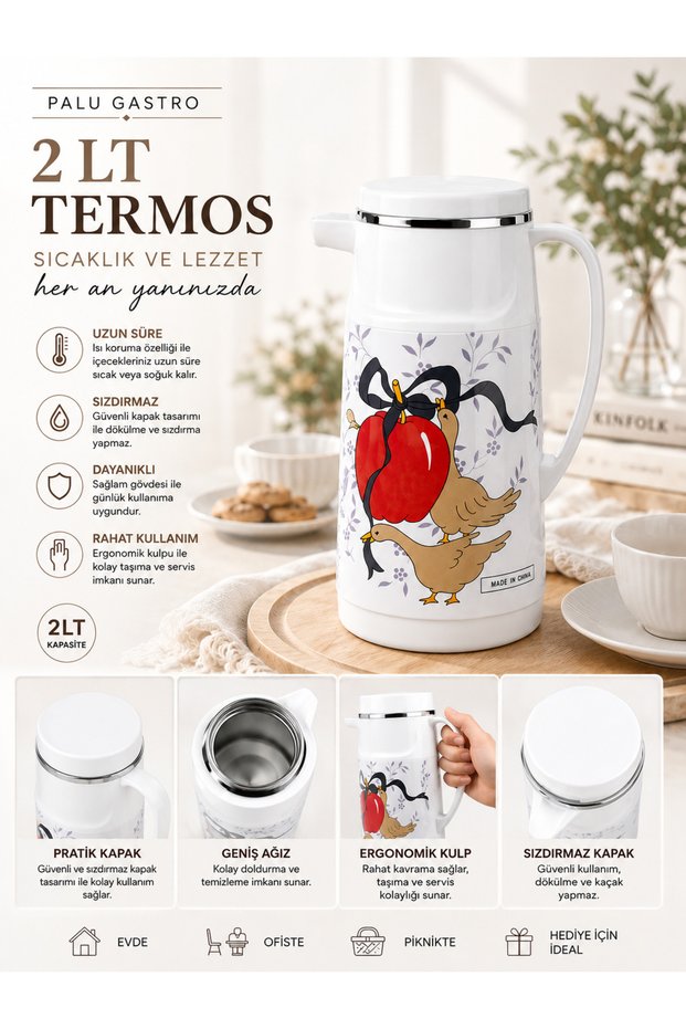 2 Lt Vintage Patterned Thermos with Ergonomic Handle for Hot and Cold Drinks