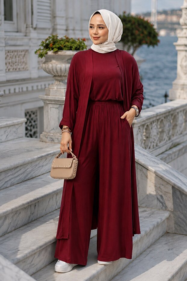 Triple Combed Cotton Suit Burgundy Hm2954