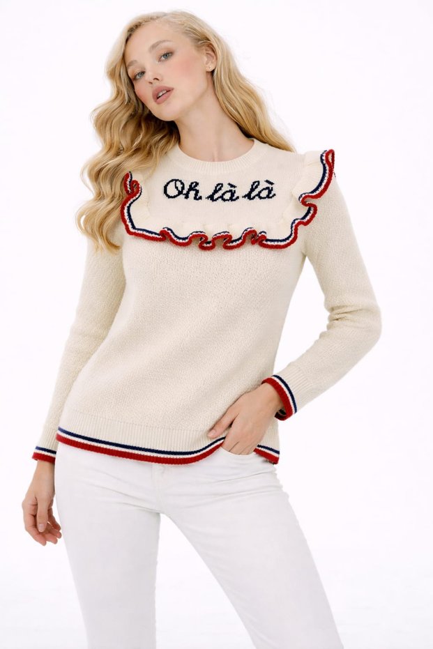 Women's Knitwear Sweater Ecru Ruffle Detailed Embroidered Crew Neck Long Sleeve Stylish Casual Sweater