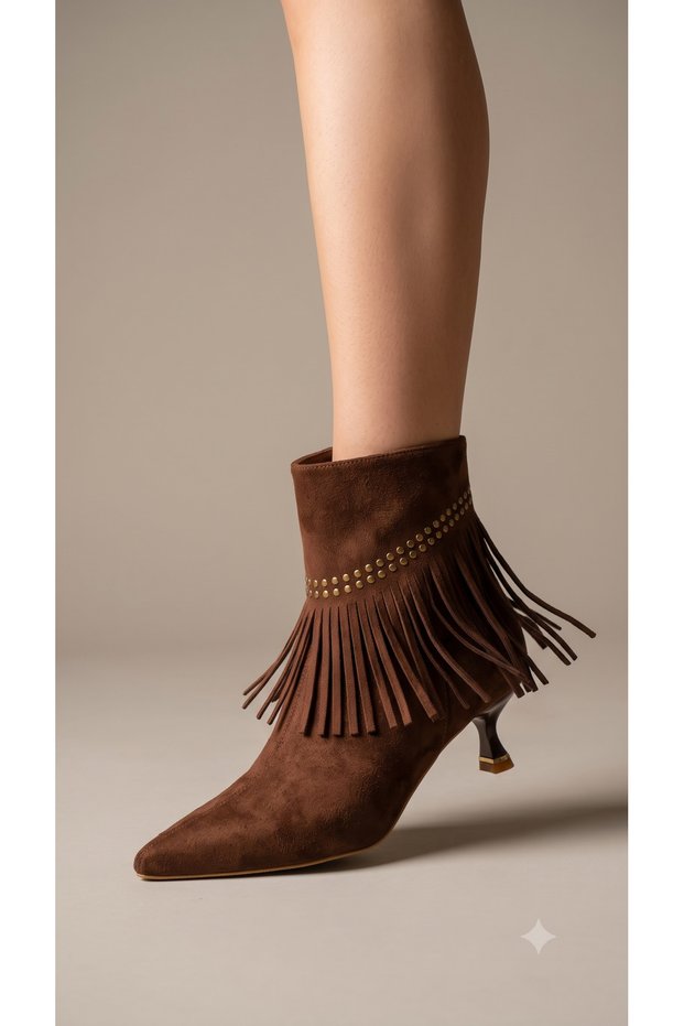 Women's Suede Textured Tasseled Studded Detailed Pointed Toe Thin Short Heeled Stylish Bootie Boots