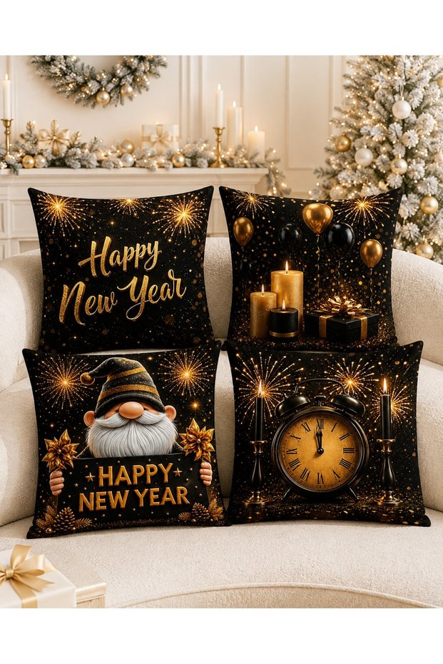 Black Gold New Year's Digital Printed Decorative Set of 4 Throw Pillow Covers with Dwarf Clock Pattern