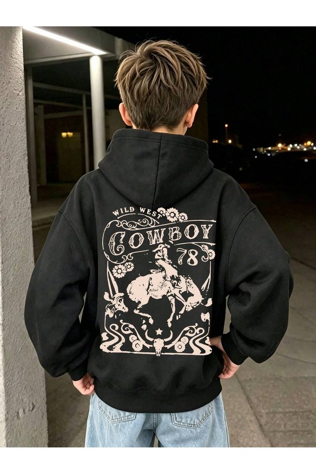 Children's Wild West Cowboy Printed Hoodie Hooded Sweatshirt Combed Cotton Fabric 3 Yarns Ribbed Unisex Winter Sweatshirt
