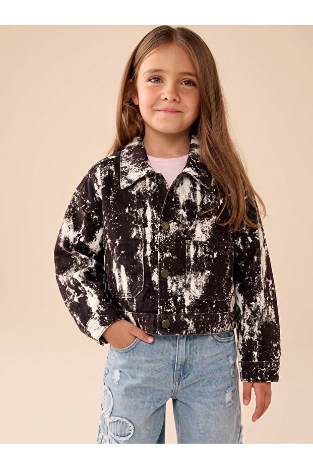 Girl's Denim Suede Double Pocket Short Jacket Tie-Dye Brown