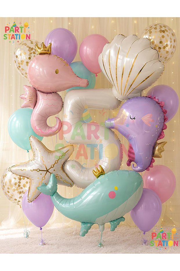 Mermaid Concept Balloon Set 5 Years Old - 17 Piece Extra Large Size Retro Balloon Seahorse and Whale Foil Balloon Set Birthday Party Decoration Set