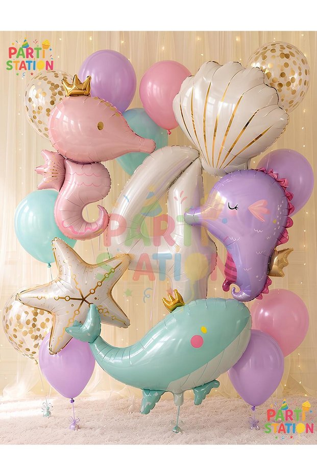 Mermaid Concept Balloon Set 4 Years Old - 17 Piece Extra Large Size Retro Balloon Seahorse and Whale Foil Balloon Set Birthday Party Decoration Set
