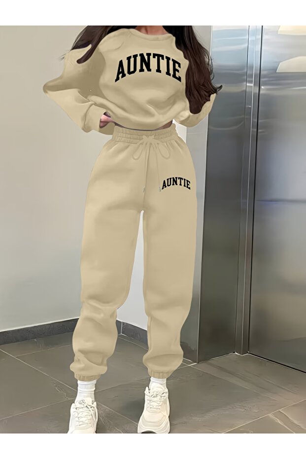 Unisex Women's and Men's Auntine Text Printed Oversize 3 Thread Crew Neck Sweatshirt and Jogger Sweatpants