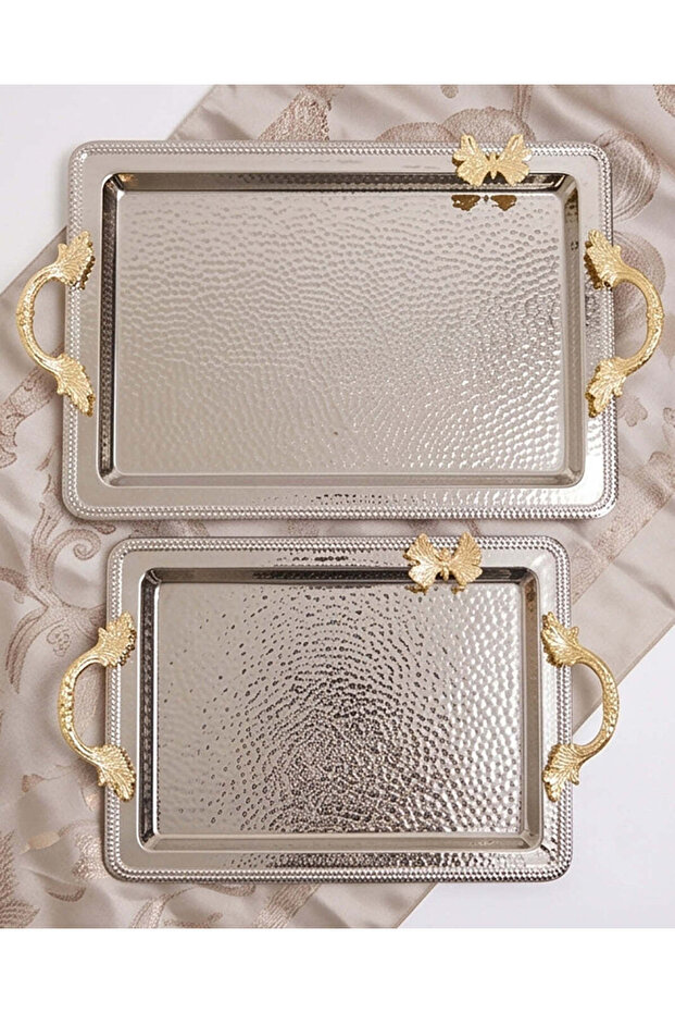 Silver Rectangle Metal Tray Set (2 Piece)
