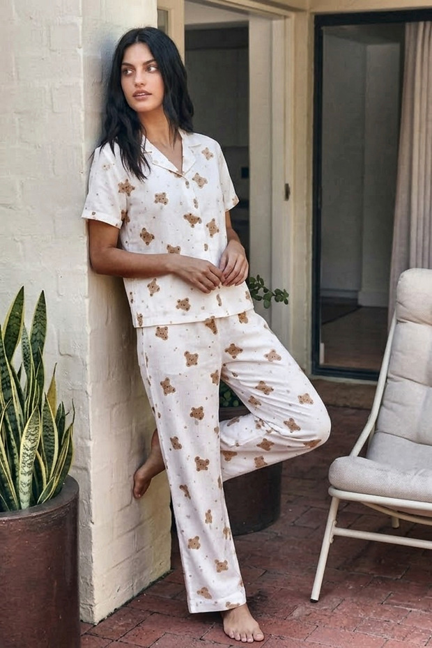 Viscose Blend Homewear Off-White Pajama Set
