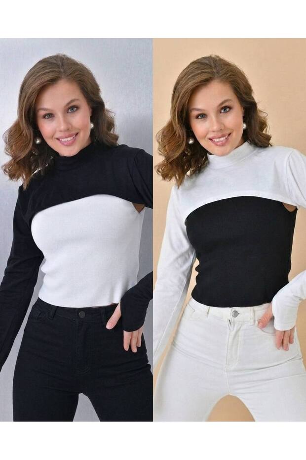2-Piece Fingered Hijab Neck Collar | Yakali Long Sleeve Sleeved Body Blouse Bolero Casual Design