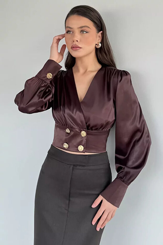 Women's Double-Breasted Collar Gold Button Detailed Satin Blouse