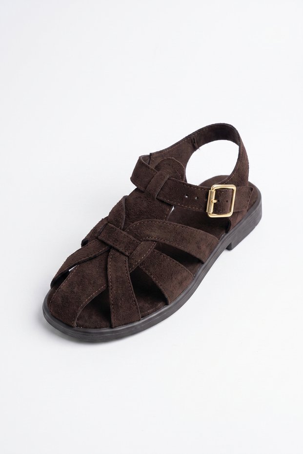 Women's Nubuck Brown Sandals with Buckle and Cross Straps, Comfortable Daily Summer Sandals