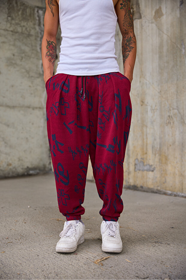 Men's Pleated Elastic Cuffed Patterned Shalwar Trousers