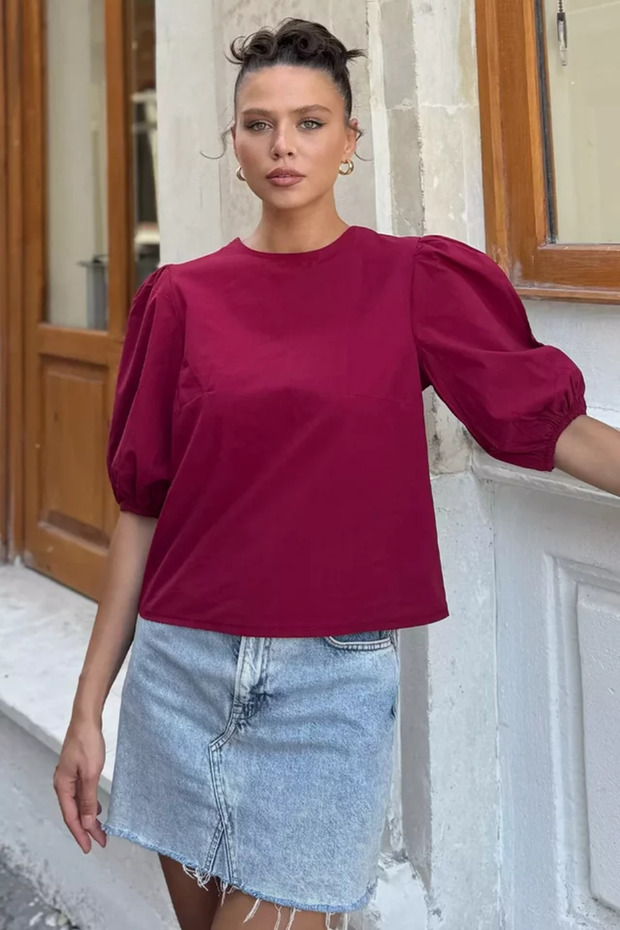 Women's Back Tie Detailed Blouse with Elastic Sleeves