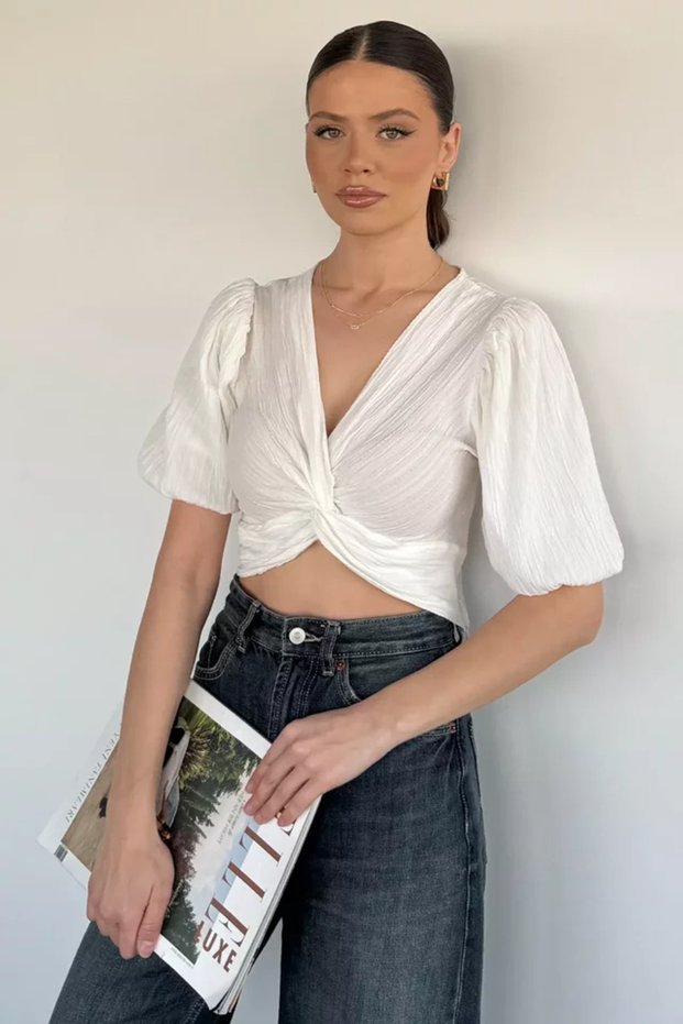 Women's Front Knot Detailed Side Zipper Balloon Sleeve Crop Top Blouse