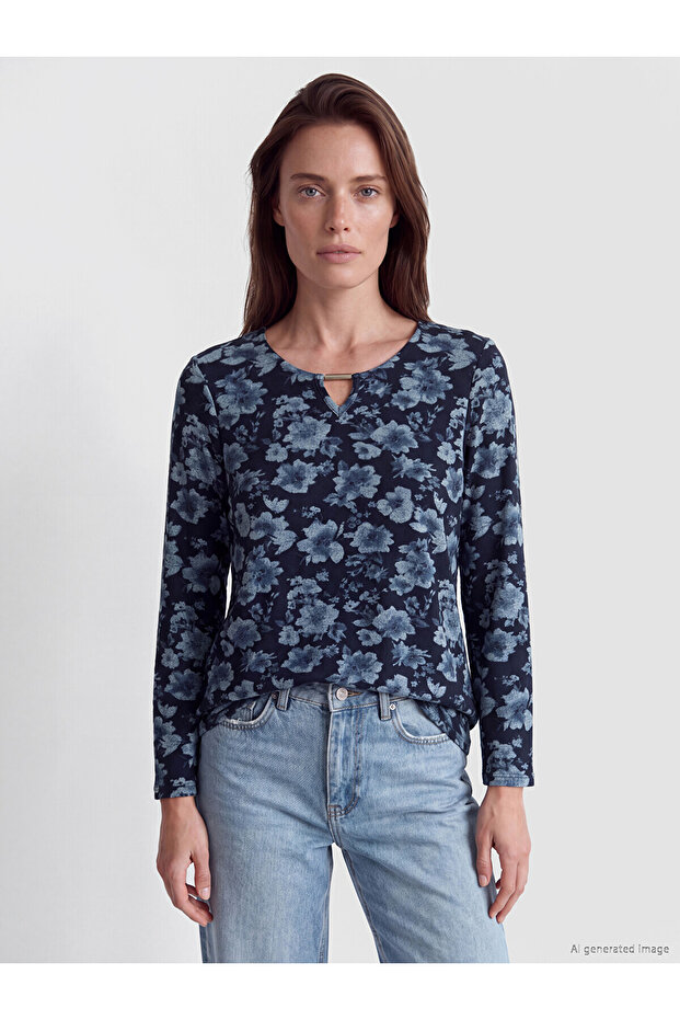 Lcw grace navy blue bicycle collar floral blouse