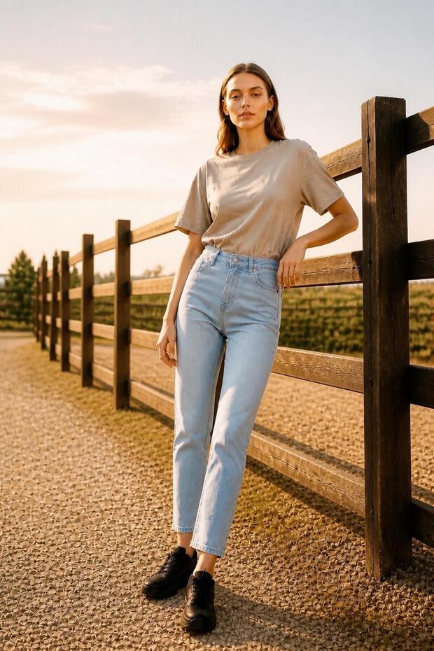 High Waist, Denim, Mom Fit Women's Jeans - Ice Blue