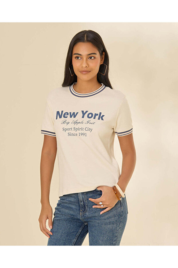 Women White Printed Crew Neck T-Shirt